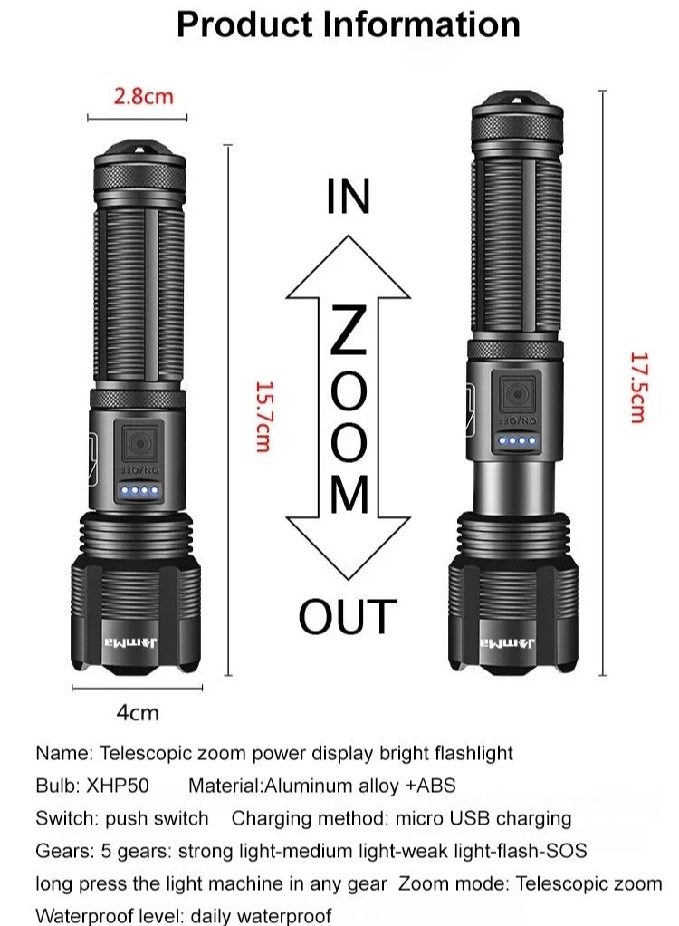 Joudiplay A high-brightness rechargeable flashlight with power display, it can also be used as a power bank. It features an XHP50 LED chip for ultra-strong illumination. It's only 150g, making it easy to carry. It's telescoping and can be charged either with batteries or a USB cable. - Image 3