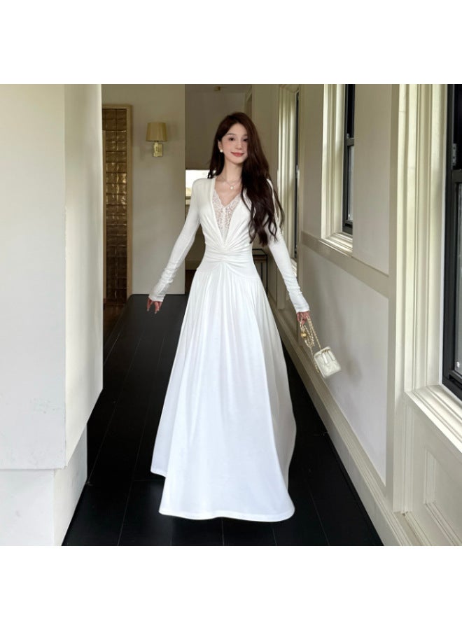 White Autumn Lace Splicing V-neck Long-sleeve Pure Style Waist Slim A-line Long Dress