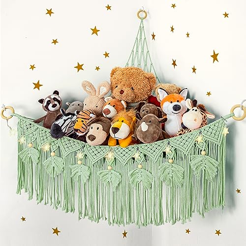 ANROYE Macrame Stuffed Animal Storage with Star Light Bear Green Hammock for Girls Room Decor Corner Hanging Mesh Organizer Idea for Nursery Plushies Toy Wall Hanging Display Holder Kid Boy Gift - Image 1