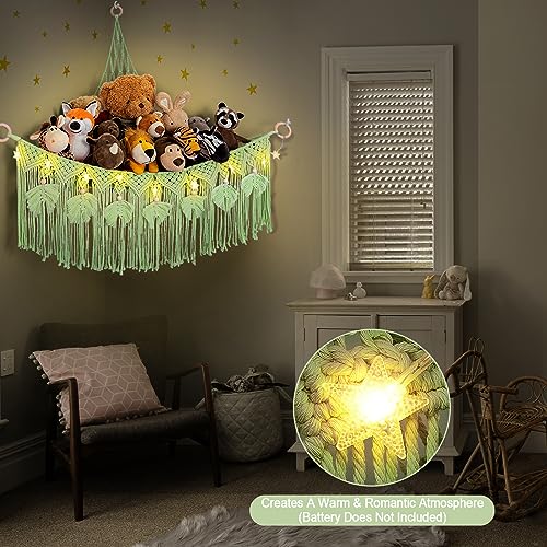 ANROYE Macrame Stuffed Animal Storage with Star Light Bear Green Hammock for Girls Room Decor Corner Hanging Mesh Organizer Idea for Nursery Plushies Toy Wall Hanging Display Holder Kid Boy Gift - Image 3
