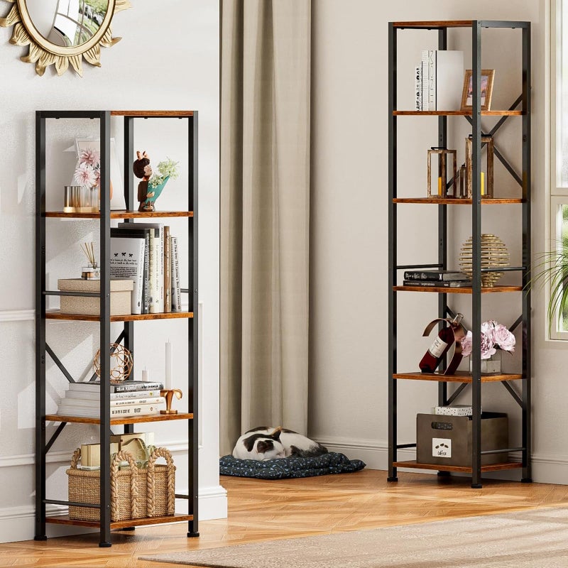 Furologee 6 Tier Tall Bookshelf, Industrial Narrow Bookcase, Display Standing Shelf Units, Metal and Wood Storage Rack Organizer for Living Room, Home Office, Entryway, Kitchen, Rustic Brown - Image 4