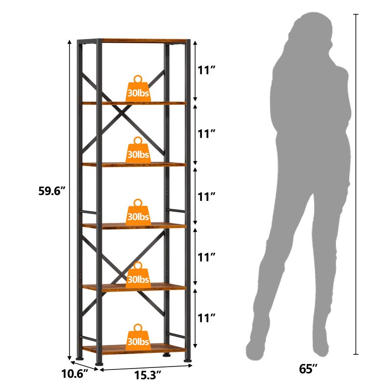 Furologee 6 Tier Tall Bookshelf, Industrial Narrow Bookcase, Display Standing Shelf Units, Metal and Wood Storage Rack Organizer for Living Room, Home Office, Entryway, Kitchen, Rustic Brown - Image 2