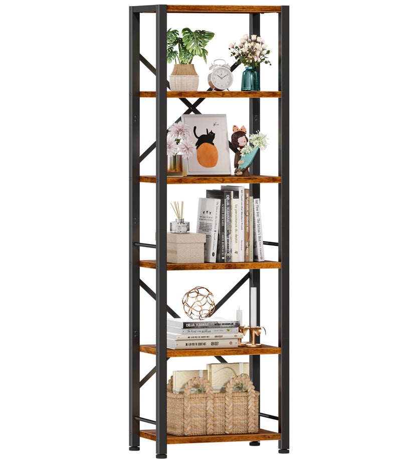 Furologee 6 Tier Tall Bookshelf, Industrial Narrow Bookcase, Display Standing Shelf Units, Metal and Wood Storage Rack Organizer for Living Room, Home Office, Entryway, Kitchen, Rustic Brown - Image 1