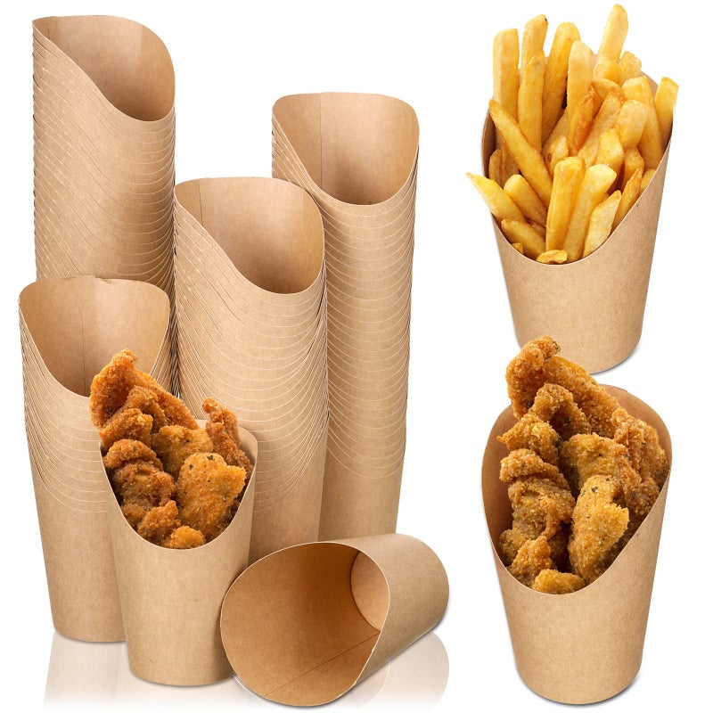 French Fries Holder 12oz French Fry Cups Disposable Paper Charcuterie Cups Popcorn Kraft Paper Cones Holder Brown Kraft Paper Food Fries Cup French Fry Paper Holder for Wedding Party Food100 Pcs