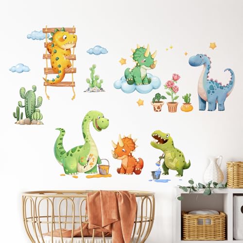 Decvictor Watercolor Funny Dinosaur Wall Decals, Cartoon Cute Dino Playing Cacti Wall Stickers Vinyl Peel and Stick Wall Decal Self Adhesive Wall Art Sticker for Baby Nursery Kids Room Home Decor - Image 3