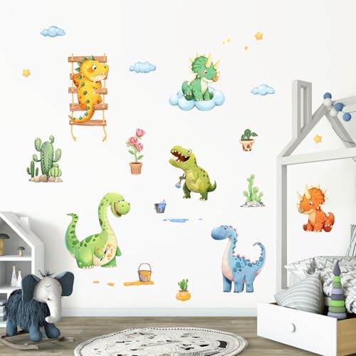 Decvictor Watercolor Funny Dinosaur Wall Decals, Cartoon Cute Dino Playing Cacti Wall Stickers Vinyl Peel and Stick Wall Decal Self Adhesive Wall Art Sticker for Baby Nursery Kids Room Home Decor - Image 2