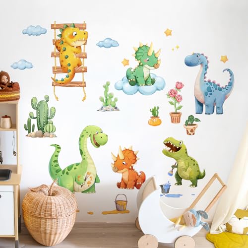Decvictor Watercolor Funny Dinosaur Wall Decals, Cartoon Cute Dino Playing Cacti Wall Stickers Vinyl Peel and Stick Wall Decal Self Adhesive Wall Art Sticker for Baby Nursery Kids Room Home Decor - Image 1
