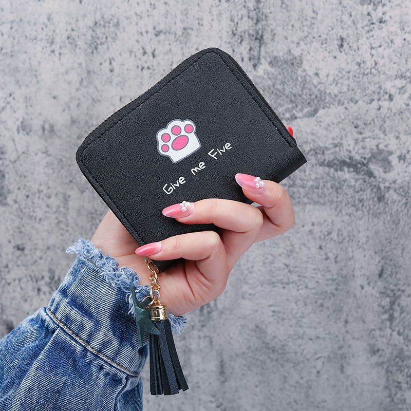 Mini Cartoon Tassel Womens Zip Wallet short black cat claw