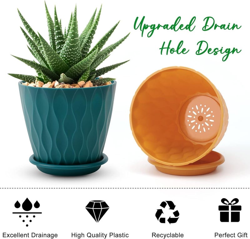 YNNICO 6 inch Plant Pots, 5 Pack Flower Pots Outdoor Indoor, Planters with Drainage Holes and Tray Saucers - Image 3