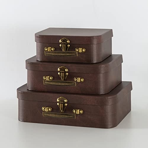 SLPR Paperboard Suitcases Set of 3, Brown Leather - Vintage Cardboard Suitcase Decor, Nesting Luggage Decorative Mache Boxes with Hinged Lids and Brass Handle, Mini Suitcases for Centerpieces - Image 5