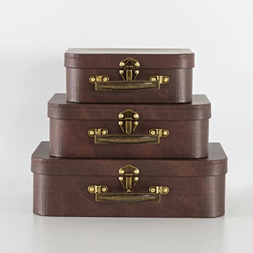 SLPR Paperboard Suitcases Set of 3, Brown Leather - Vintage Cardboard Suitcase Decor, Nesting Luggage Decorative Mache Boxes with Hinged Lids and Brass Handle, Mini Suitcases for Centerpieces - Image 2