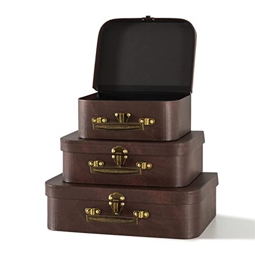 SLPR Paperboard Suitcases Set of 3, Brown Leather - Vintage Cardboard Suitcase Decor, Nesting Luggage Decorative Mache Boxes with Hinged Lids and Brass Handle, Mini Suitcases for Centerpieces - Image 1