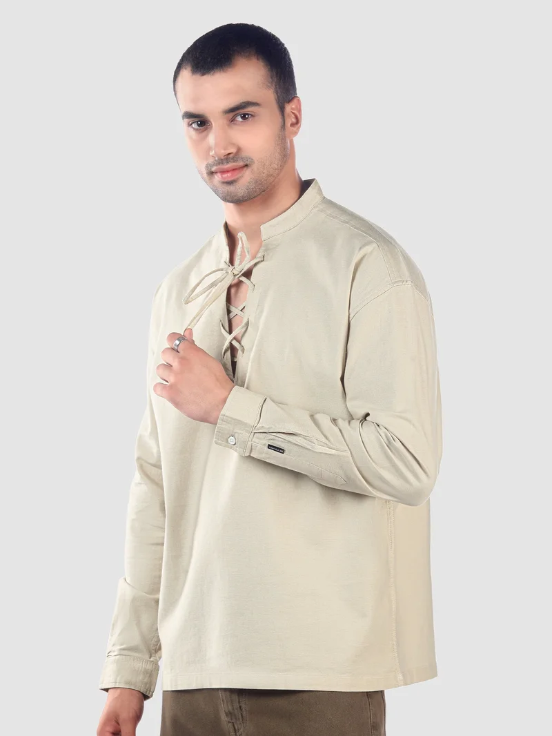 Beyoung Cream Oxford Kurta Shirt