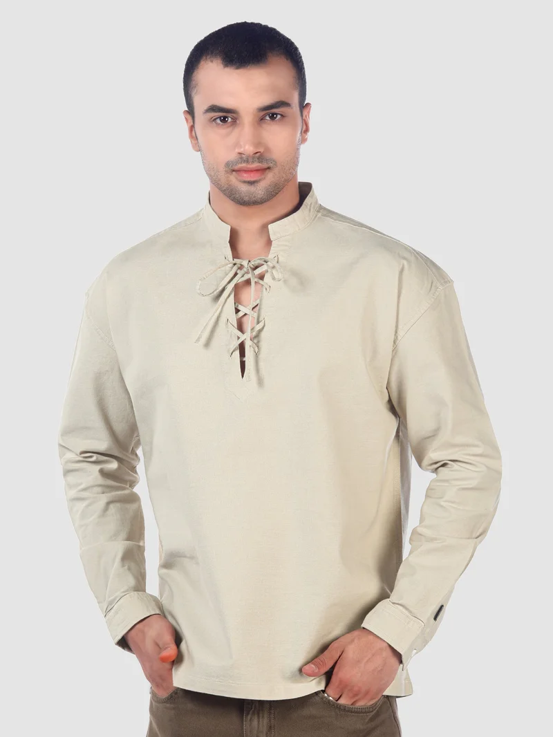 Beyoung Cream Oxford Kurta Shirt