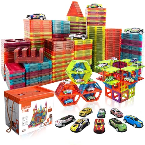 BUBUQE Magnetic Tiles Parking Building Playset with 10 PullBack Metal Cars for Kids Construction STEM Toy Preschool Creativity Learning Birthday Gift for Girls Boys Toddlers 3 4 5 6 7 8 - Image 1