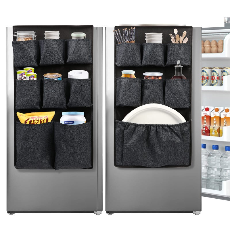 Lafulling Mini Fridge Caddy Organizer Storage Bag Over The Fridge Storage Organizer with 15 Extra Large Fabric Pockets for Plate Silverware Spice Cutlery Napkins Other Daily Stuff Black