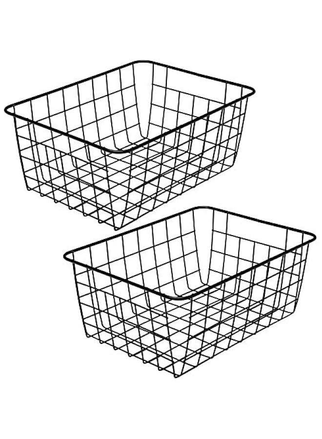 Kitchen Wire Baskets Farmhouse Decor Metal Food Storage Organizer, Household Refrigerator Bin with Built-in Handles for Cabinets,Pantry Set of 2 Black - Image 1