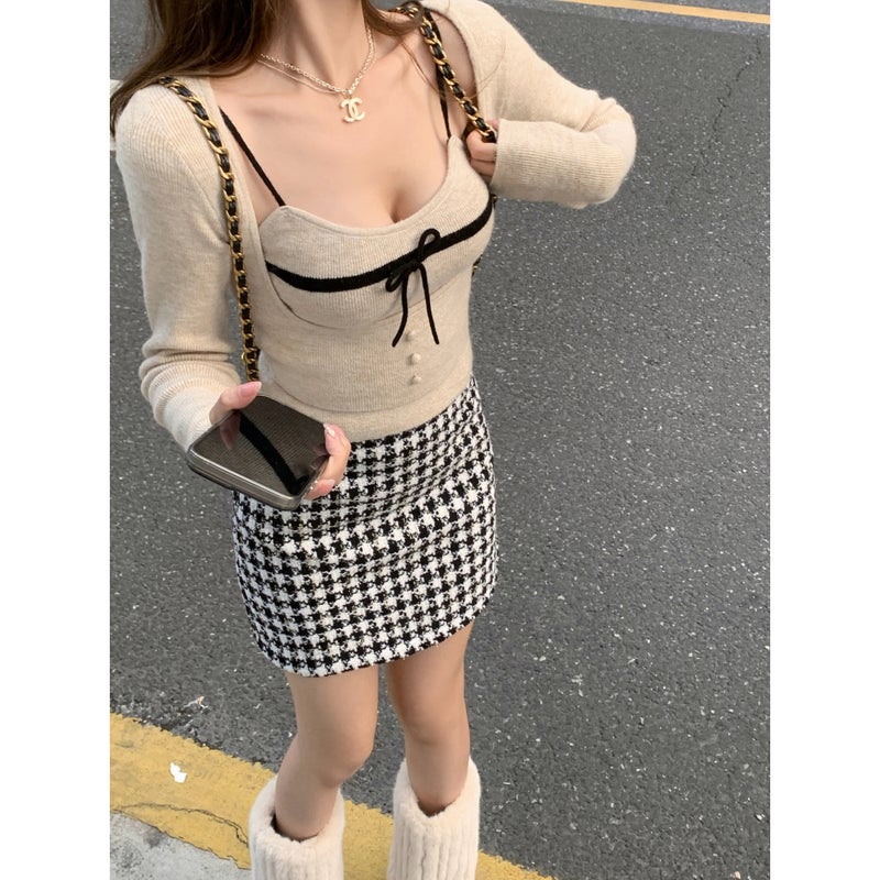 Milk Girl'S Sense Pure Desire Elegant Long-Sleeved Knitted Cardigan Two-Piece Set Bumping Design Sense Contrast Color Sling Inner Top - Image 4