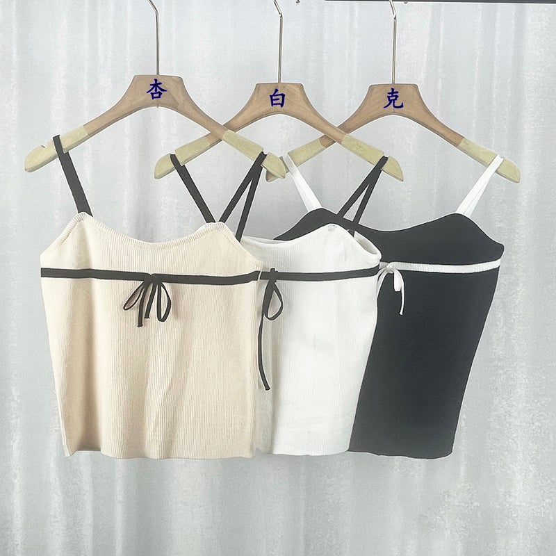 Milk Girl'S Sense Pure Desire Elegant Long-Sleeved Knitted Cardigan Two-Piece Set Bumping Design Sense Contrast Color Sling Inner Top - Image 1