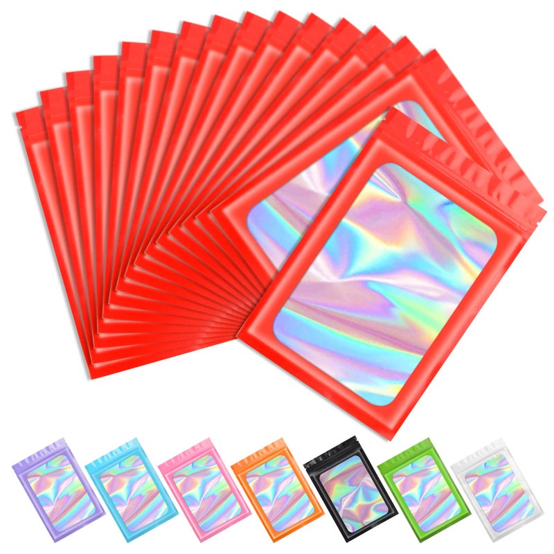 Funfery 100 pcs Red Mylar Holographic Bags Clear Window Zipper Bag Resealable Smell Proof Bag Foil Pouch Bag for Food Storage and LipglossJewelryEyelash Packaging for Small Business4x6In