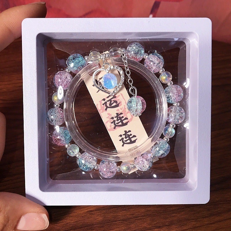 New Heart Crystal Beaded Bracelet Glass Charm Jewelry for Kids, Sweet and Fresh Student Gift