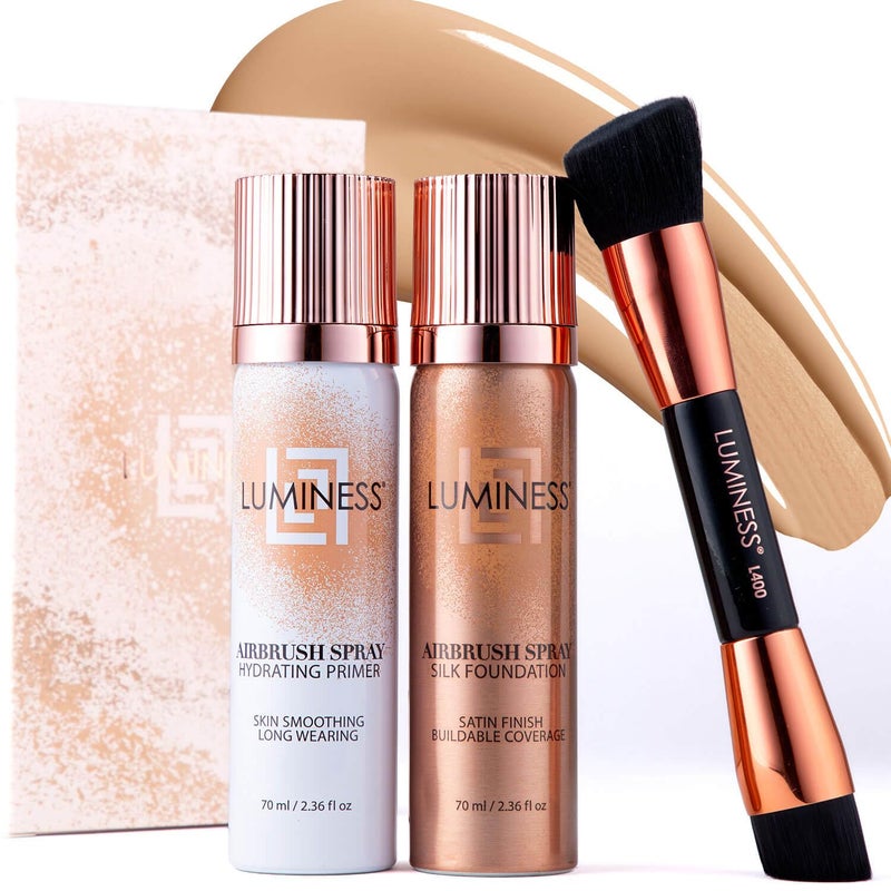LUMINESS LUMINESS Airbrush Spray Silk Foundation Starter Kit - Light Medium - Foundation, Primer & Dual-Sided Angled Buffing Brush - Medium, Buildable Coverage, Anti-Aging Formula Hydrates & Moisturizes