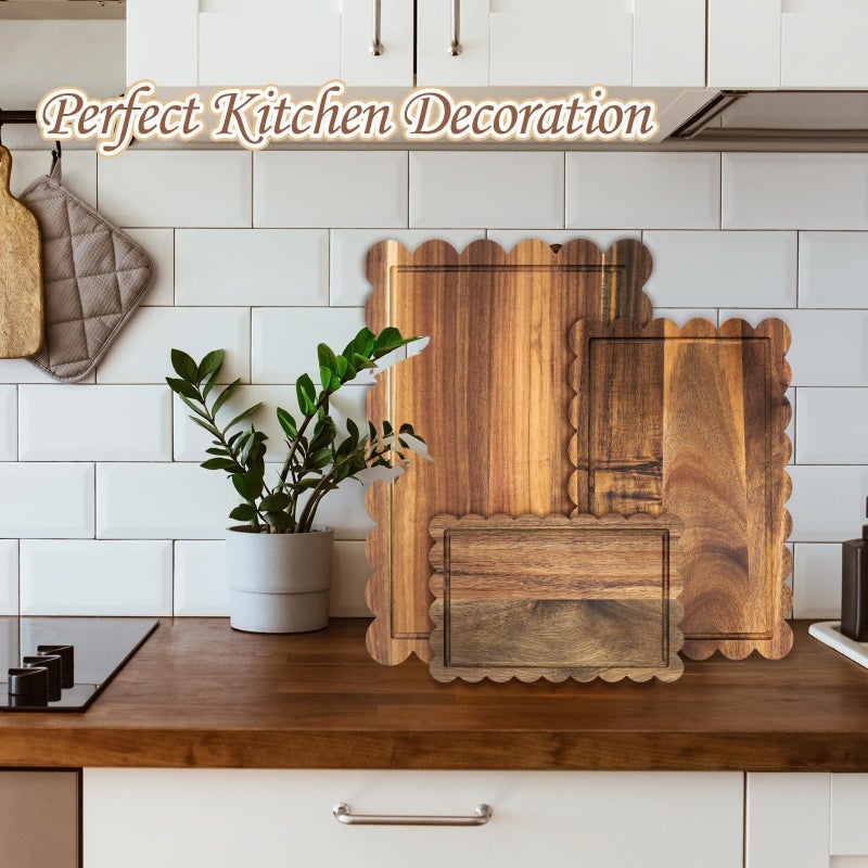 Entrirolly 3 Pcs Acacia Wood Scalloped Cutting Board Set, Decorative Cutting Boards Bread Charcuterie Board for Cottagecore Kitchen Grandmillenial Decor Cheese Meat Fruit Bread Chopping Blocks (Classic Style) - Image 5