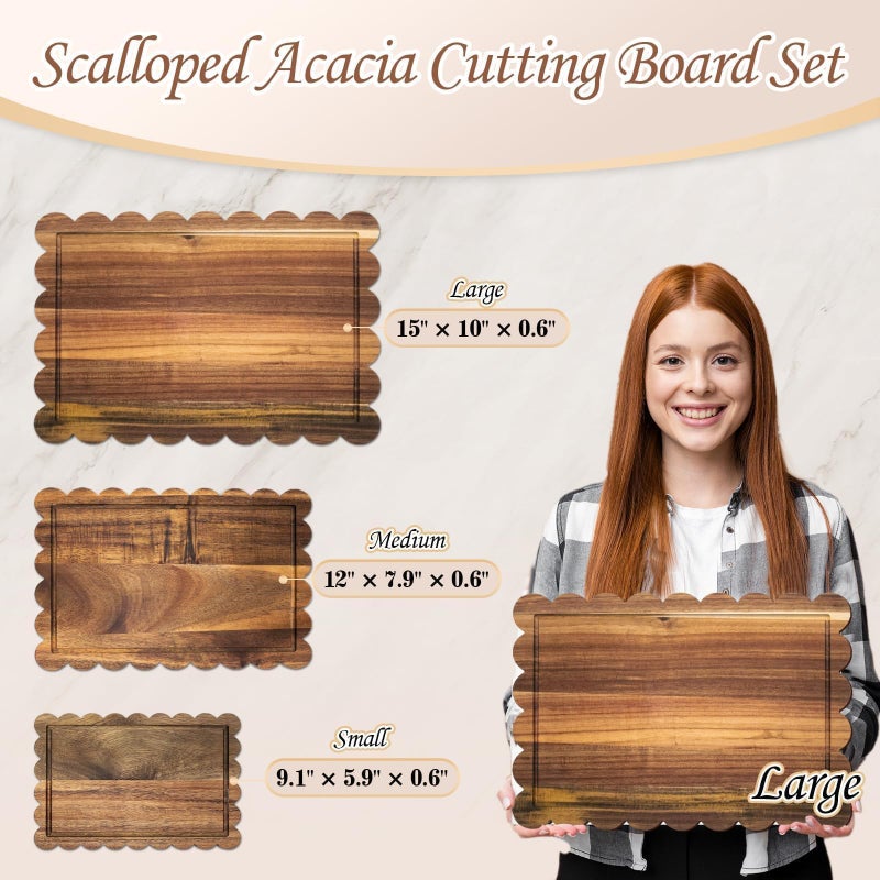 Entrirolly 3 Pcs Acacia Wood Scalloped Cutting Board Set, Decorative Cutting Boards Bread Charcuterie Board for Cottagecore Kitchen Grandmillenial Decor Cheese Meat Fruit Bread Chopping Blocks (Classic Style) - Image 3