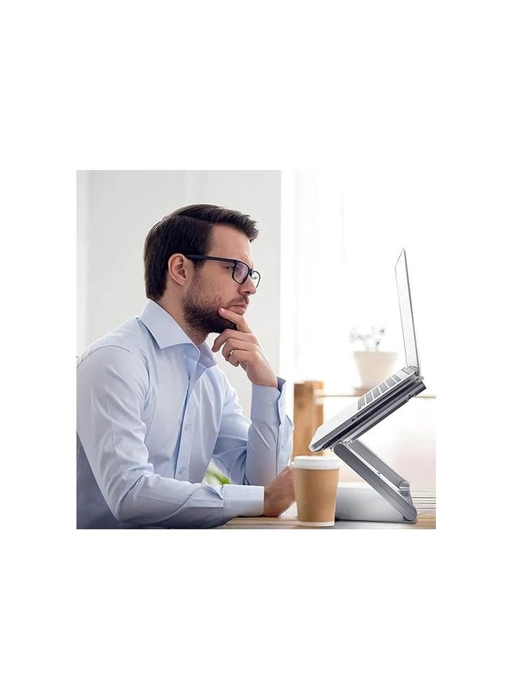 ماركة غير محددة حامل لاب توب قابل للطي من الألومنيوم مع قاعدة دوارة 360 درجة ومراوح مزدوجة – حامل نوت بوك قابل للتعديل، فضي  - Image 3