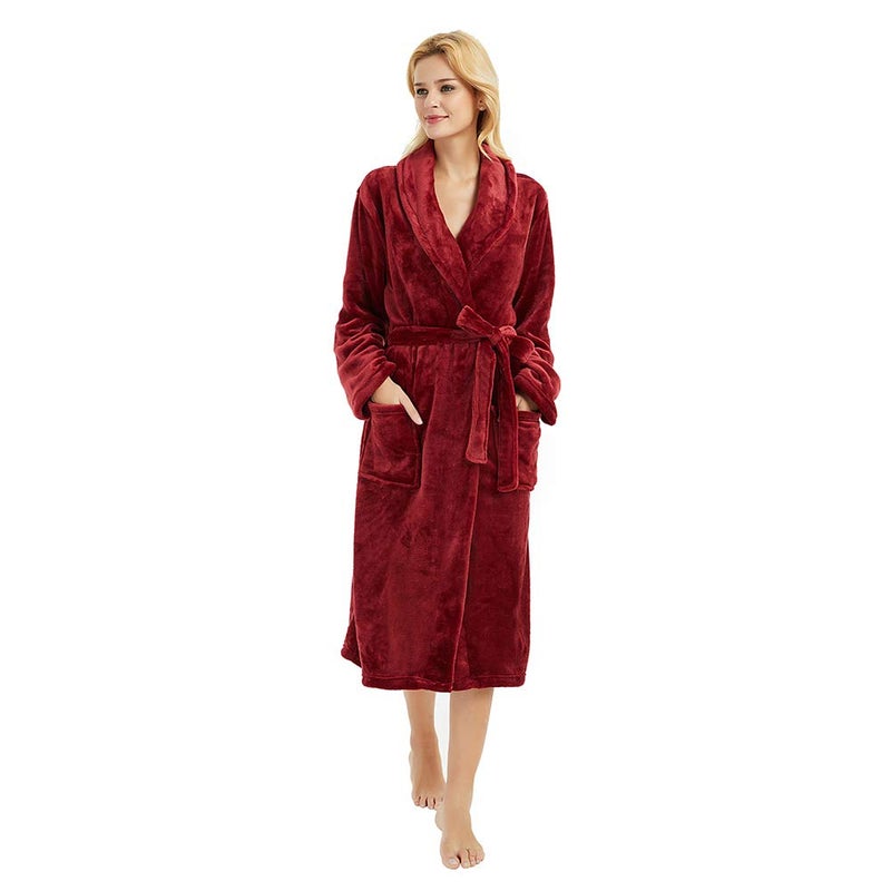 HEARTNICE Womens Fleece Robes, Soft Plush Long Bathrobe, Thick Kimono Robes for Womens, Warm House Coat (Wine, S/M) - Image 4