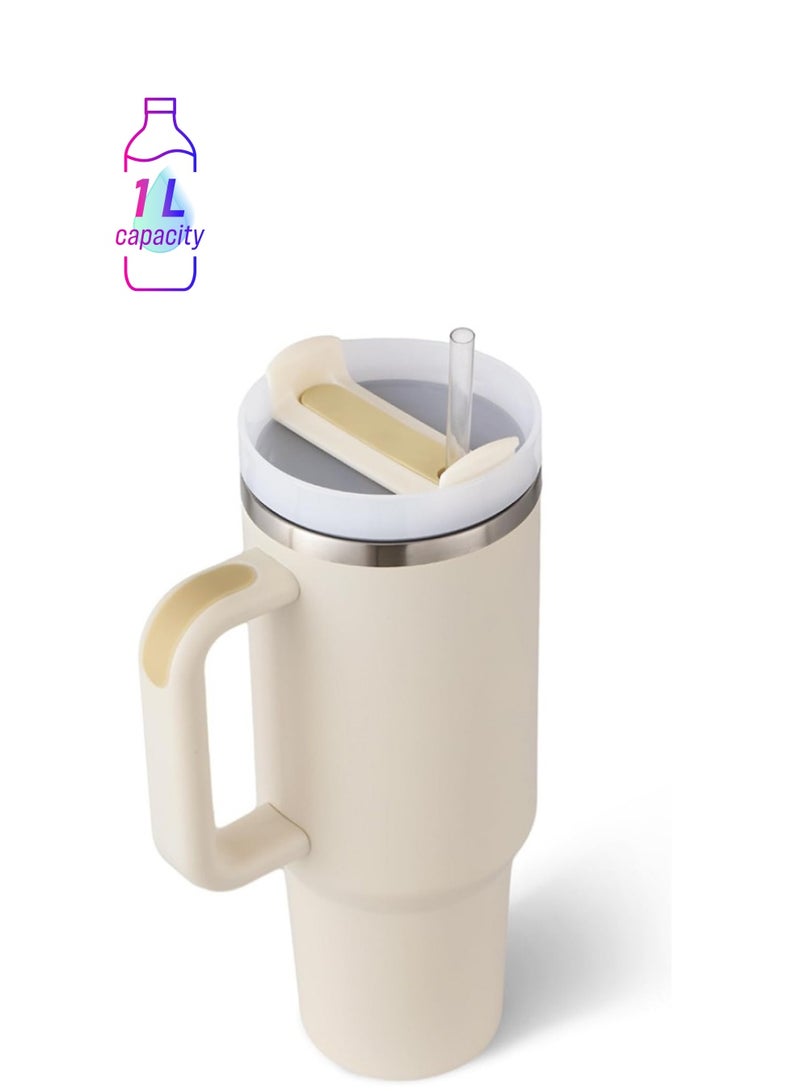 Hihonor 40 oz Stainless Steel Tumbler with Handle and Straw,  Straw Leakproof Flip, Insulated Travel Mug Iced Coffee Cup, Reusable Water Bottle for Lover Women Mother Men Car Gym Travel(White) - Image 1