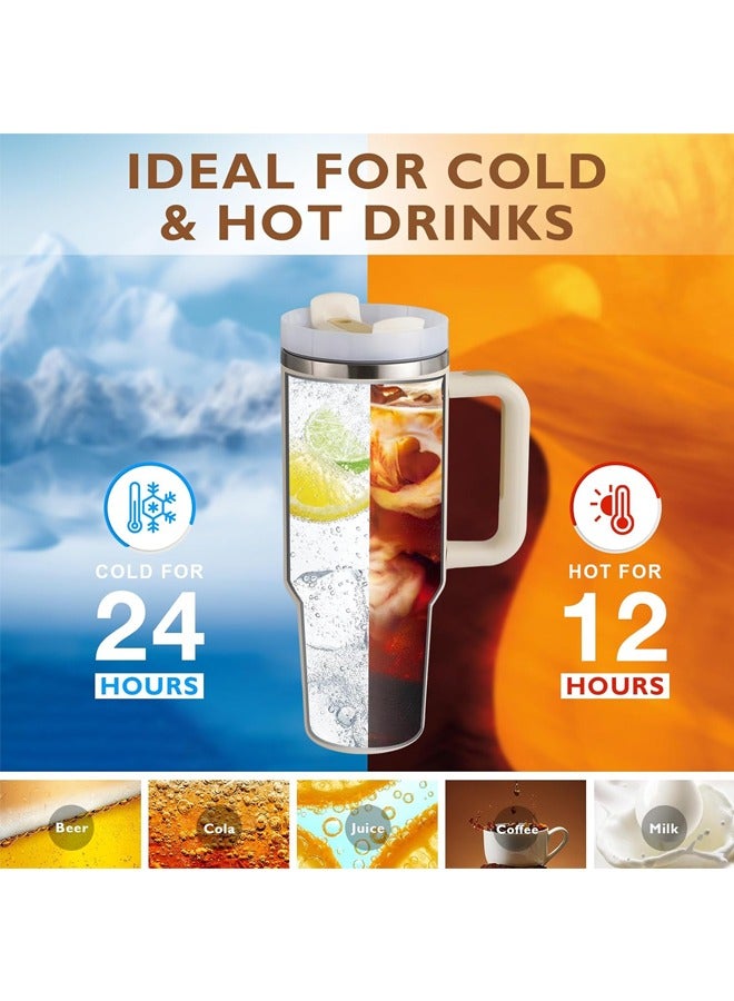 Hihonor 40 oz Stainless Steel Tumbler with Handle and Straw,  Straw Leakproof Flip, Insulated Travel Mug Iced Coffee Cup, Reusable Water Bottle for Lover Women Mother Men Car Gym Travel(White) - Image 2