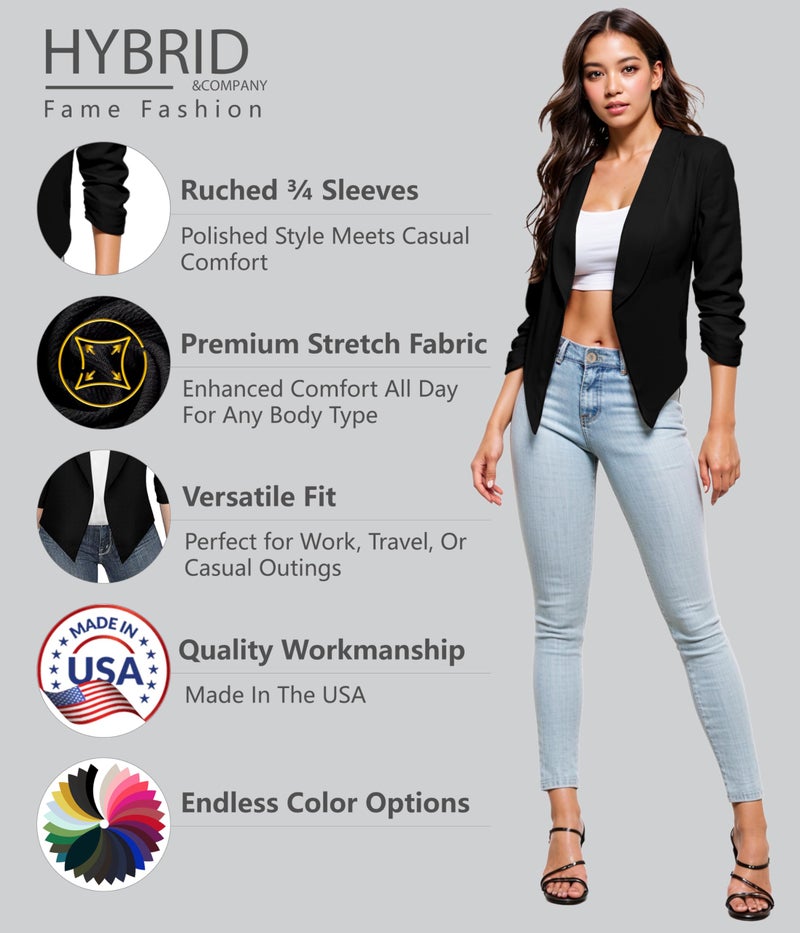Hybrid & Company Lightweight Open Front Cardigan Classic Ruched Sleeve Work Office Blazer Suit Jackets Black - Image 3