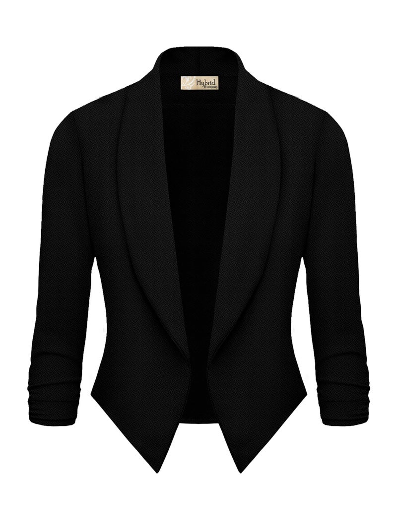 Hybrid & Company Lightweight Open Front Cardigan Classic Ruched Sleeve Work Office Blazer Suit Jackets Black - Image 2