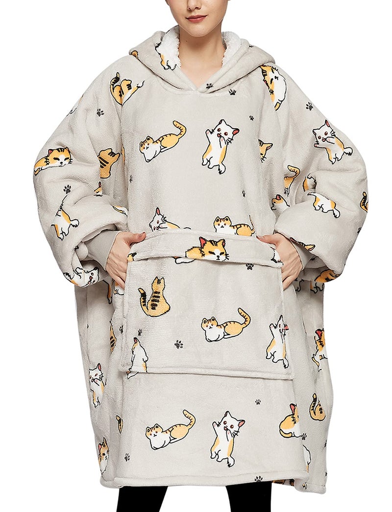 KFUBUO Wearable Blanket Hoodie for Adults Sherpa All Patterns Cat Oversized Sweatshirt Blanket with Pockets for Women