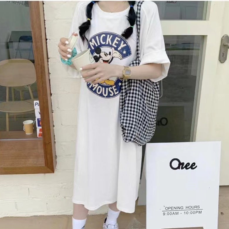 فستان تي شيرت كوري دونغدايمون صيف 2024 بطبعة كرتونية بيضاء قمة نجمة ميكي تنورة بيضاء قمة نجمة ميكي تنورة