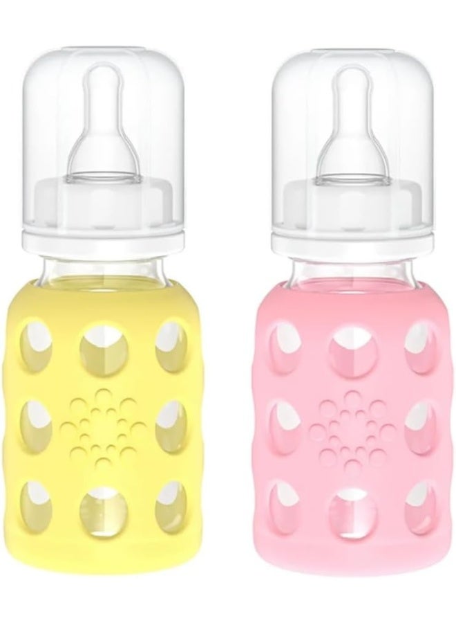Lifefactory Glass Baby Bottle BPA Free | Protective Silicone Sleeve | 4 oz Pack of 2 | Pink, Banana - Image 1