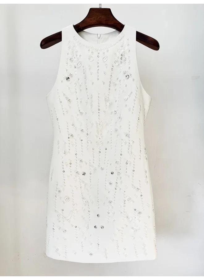 Madam Uniq European and American Celebrity-Inspired Fashion Sleeveless Dress with Heavy Beaded Embellishments and Rhinestones