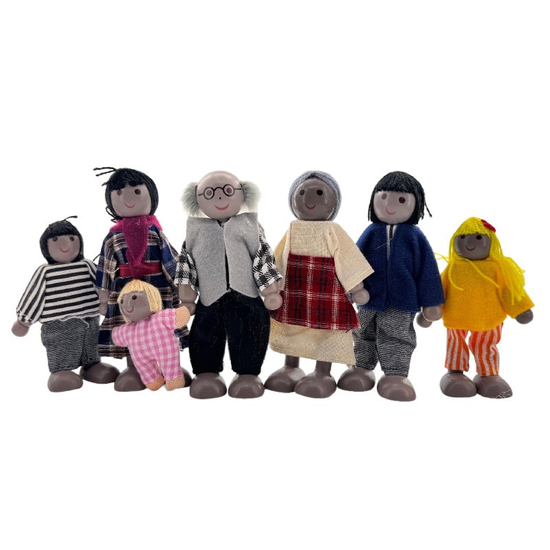 HYSTYLE 7 Pack Wooden Doll House Family Dollhouse Dolls Family Pretend Play Figures, Family Role Play Pretend Play Mini People Figures (African American) - Image 3