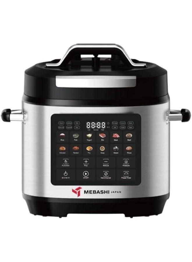 طنجرة ضغط كهربائية MEBASHI ME-PC908 متعددة الوظائف 24 في 1، سعة 8 لتر، مزودة بلوحة تحكم تعمل باللمس، وطنجرة متعددة بثلاثة مستويات ضغط، ومؤقت لمدة 24 ساعة، ووعاء داخلي من حجر المايفان، وقفل غطاء تلقائي ونظام حماية، بقوة 1300 واط.