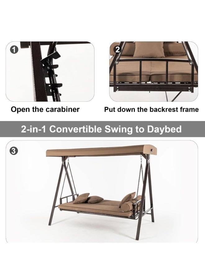 شو وو كرسي أرجوحة خارجي متين بإطار فولاذي مع وسائد مقاومة للعوامل الجوية، كرسي معلق متعدد الوظائف للحديقة والشرفة والفناء الخلفي للاسترخاء، لون كاكي - Image 2