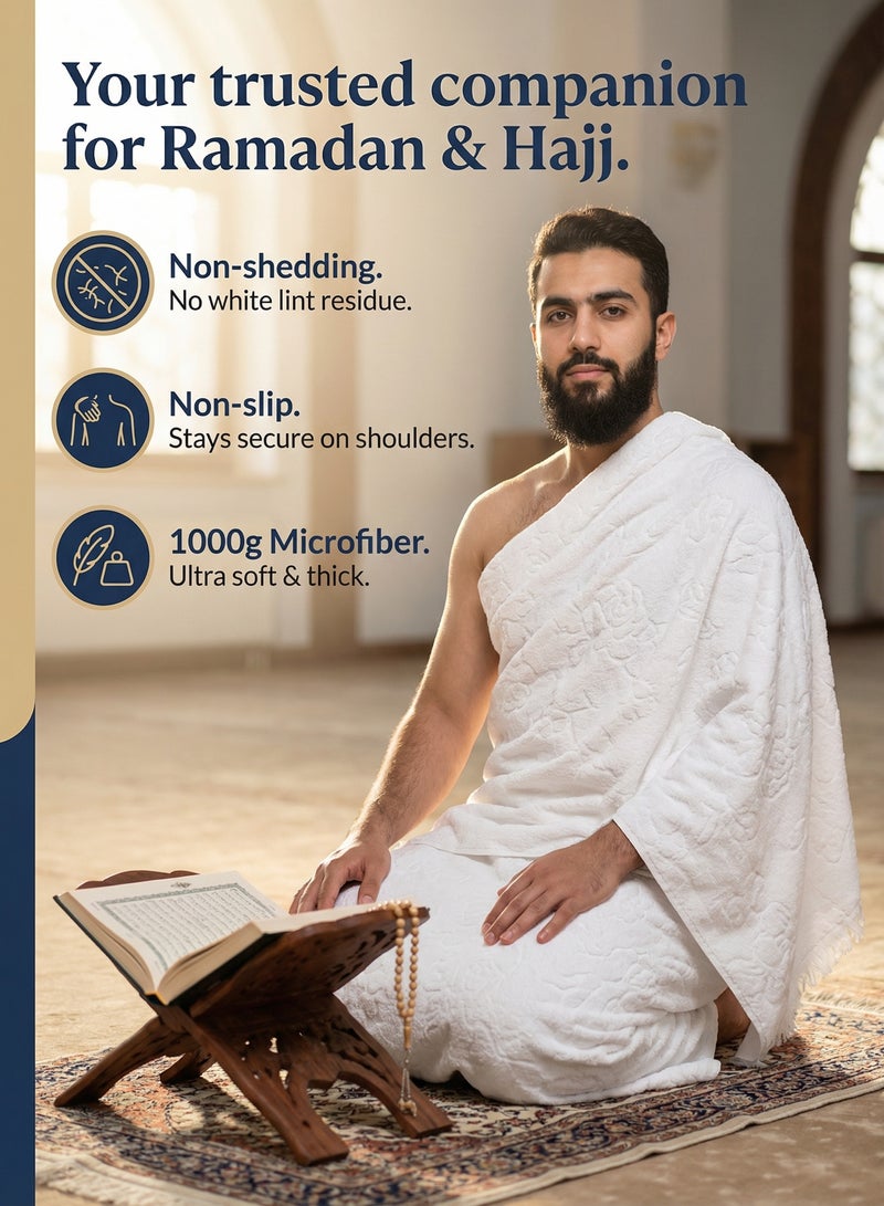 Nawāzīl إحرام للرجال للحج والعمرة - طقم إحرام قطعتين ميكروفايبر بملمس القطن (وزن 1000 جرام سميك) | 110×220 سم منشفة صلاة ناعمة | إحرام مسامي يمنع الاحتكاك وغير شفاف للمعتمرين - Image 2