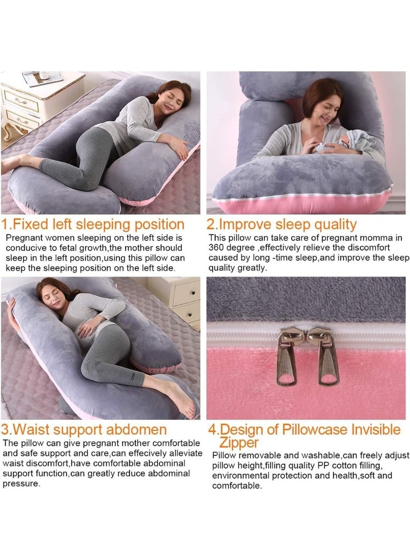 Flushrenic Pregnancy pillow，Extra Large Velvet Pregnancy Pillow,for Sleeping Pregnant Women Soft Pregnancy Body Pillow, Support for Back, HIPS, Legs J Shaped Maternity Pillows 28x57inch Pink/Gray - Image 3