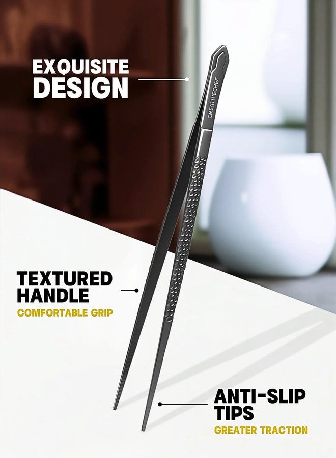 CREATIVECHEF ملقط طهي احترافي من كرييتيف شيف، مقاس 10 بوصات، ملقط مطبخ احترافي، ملقط دقيق مستقيم مقاس 10 بوصات للطهي والشواء والتقديم، مصنوع من الفولاذ المقاوم للصدأ، أسود (1) - Image 2