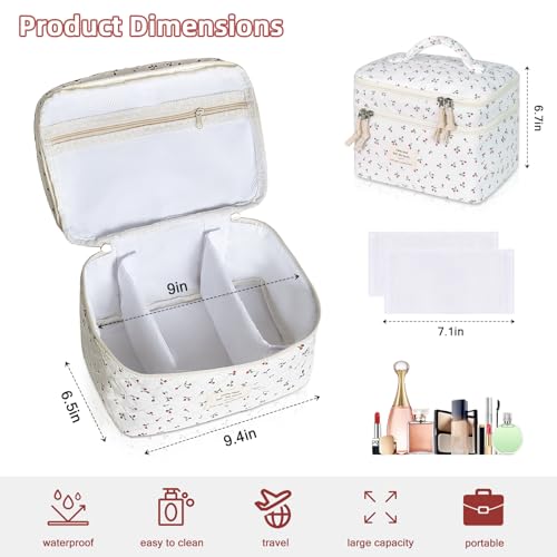 Gosect Makeup bag Large Cosmetic Bag for Women Girls Cute Quilted Makeup Bags Floral Coquette Aesthetic Toiletry Bag Travel Make Up Organizer Bag Cherry - Image 3
