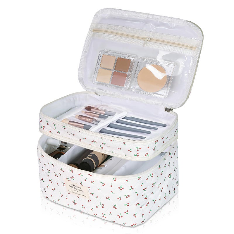 Gosect Makeup bag Large Cosmetic Bag for Women Girls Cute Quilted Makeup Bags Floral Coquette Aesthetic Toiletry Bag Travel Make Up Organizer Bag Cherry - Image 2
