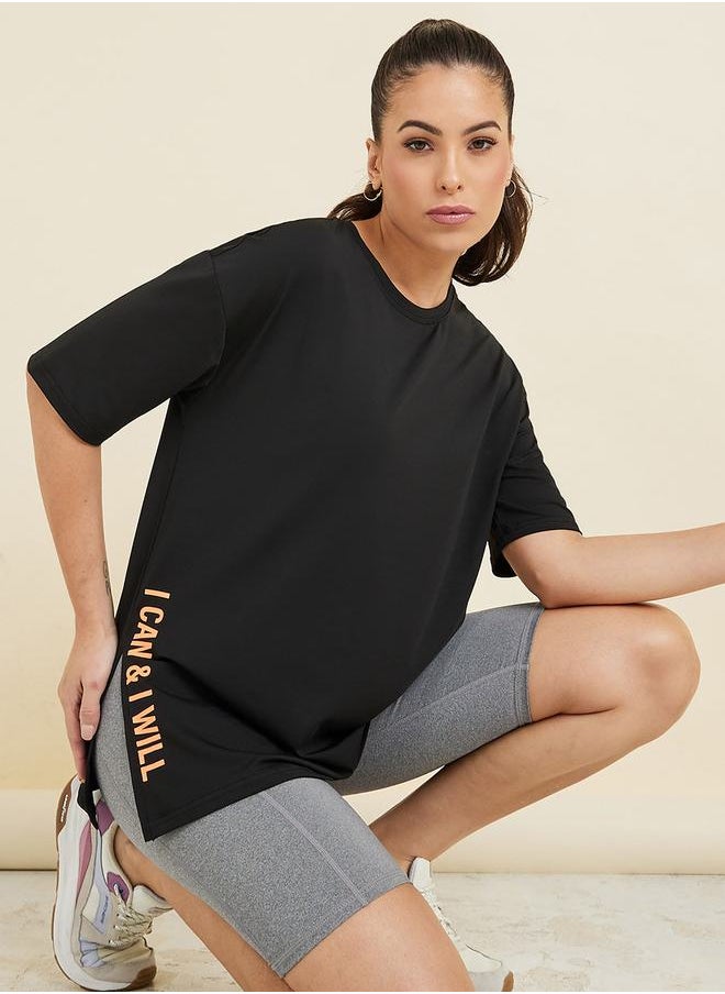 Styli Slogan Side Slit Detail Loose Yoga Fit Top  - Image 1