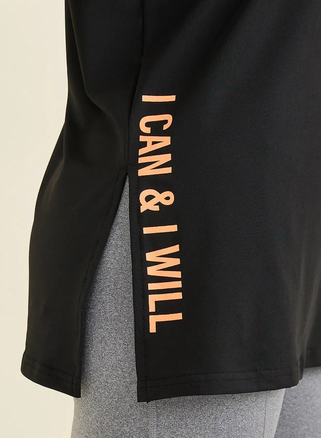 Styli Slogan Side Slit Detail Loose Yoga Fit Top