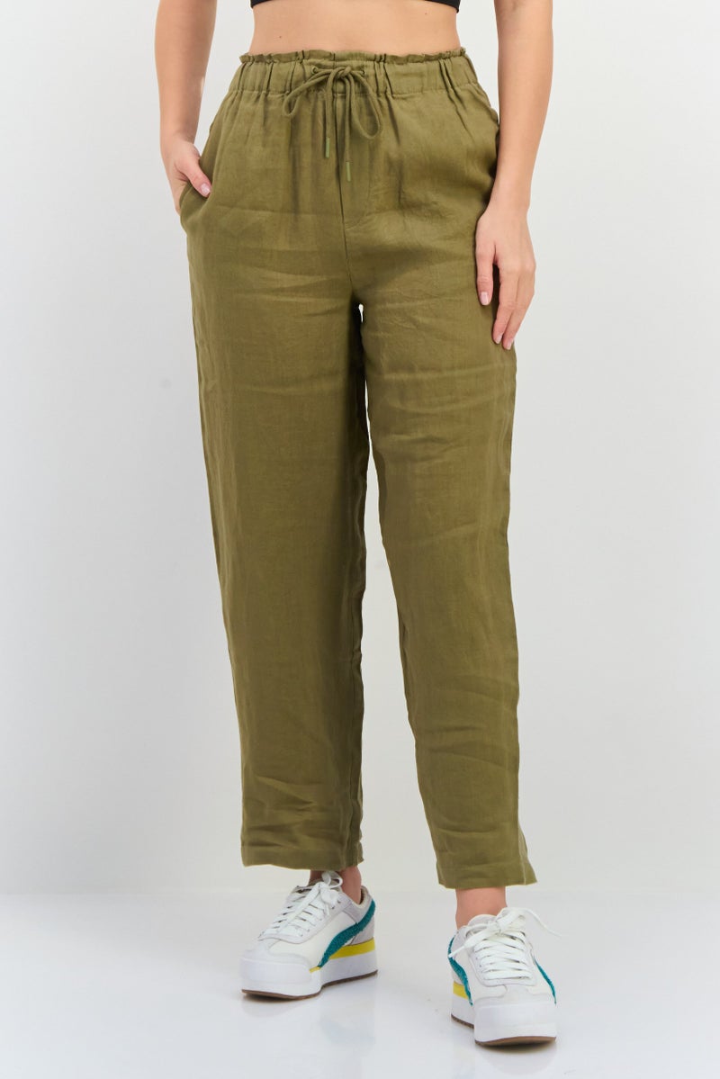 MANGO Women Regular Fit Plain Straight Leg Pants, Olive  - Image 1