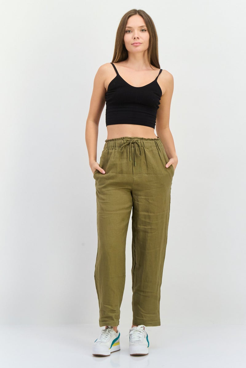 MANGO Women Regular Fit Plain Straight Leg Pants, Olive  - Image 4